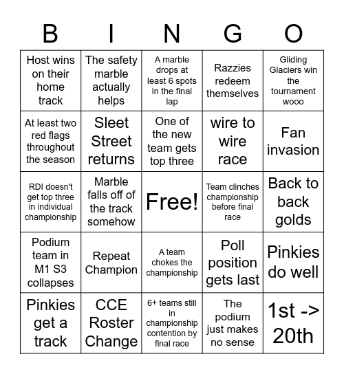 Marbula One 2023 Bingo Card