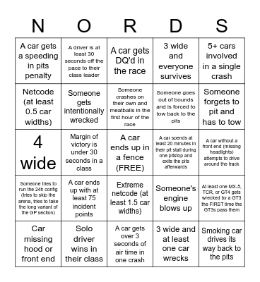 2023 iRacing NEC Bingo Card