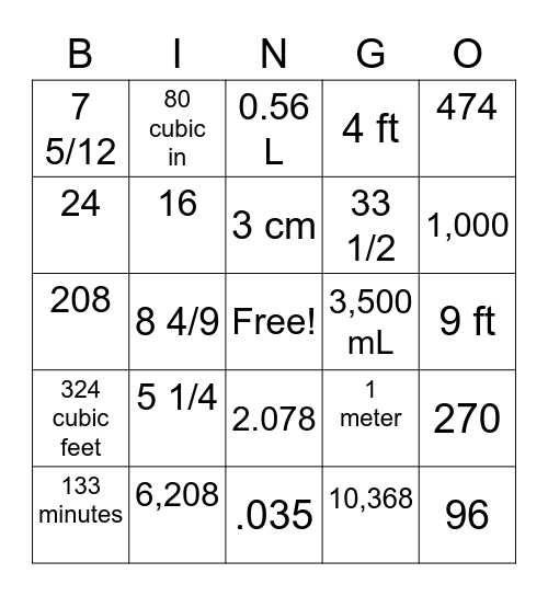 5th Grade Math Review Bingo Card