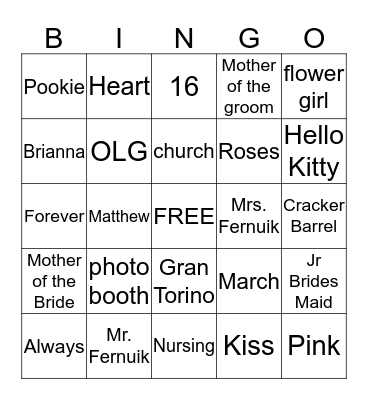 Bridal shower bingo Card