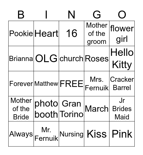 Bridal shower bingo Card