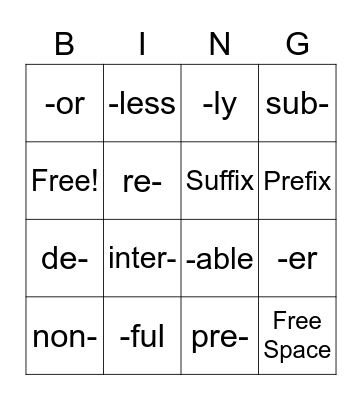 Prefix and Suffix Bingo Card