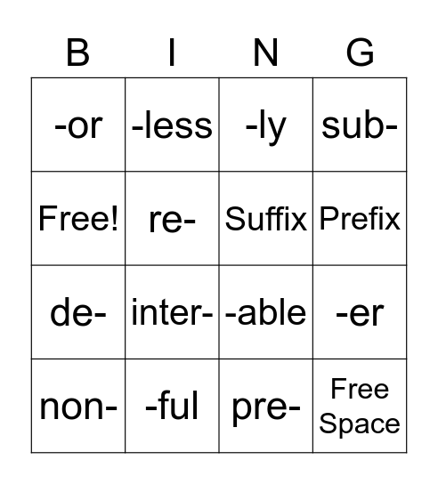 Prefix and Suffix Bingo Card