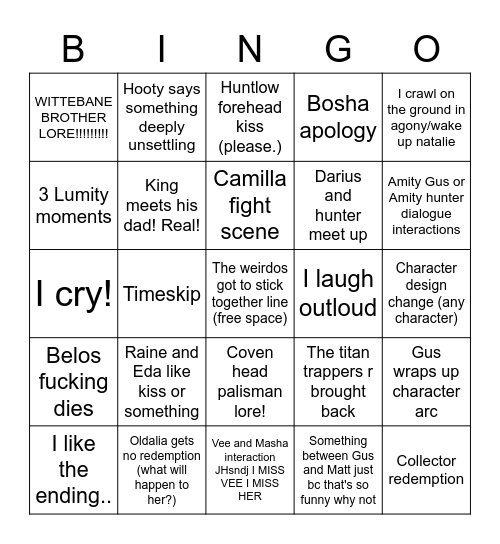 TOH season 3 EP 3 Bingo Card