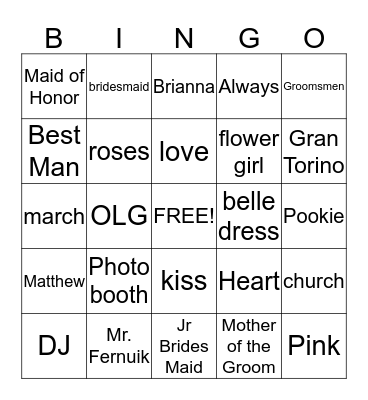 Bridal shower bingo Card