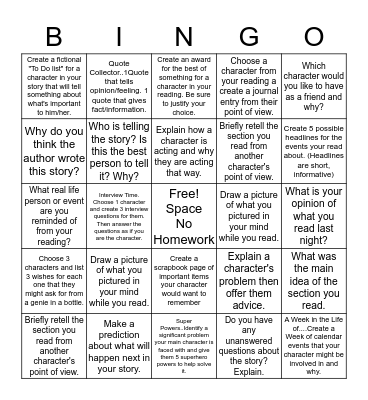 ELA Homework Bingo Card