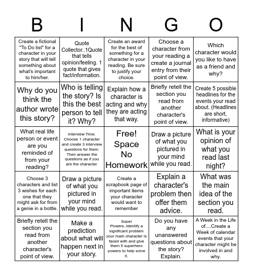 ELA Homework Bingo Card