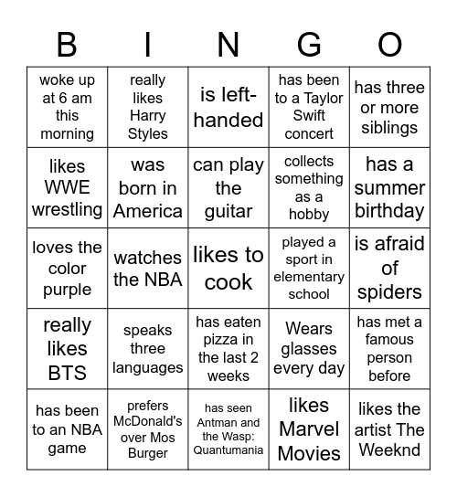 Introduction Bingo: Find someone who... Bingo Card