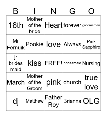 Bridal shower bingo Card