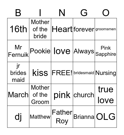 Bridal shower bingo Card