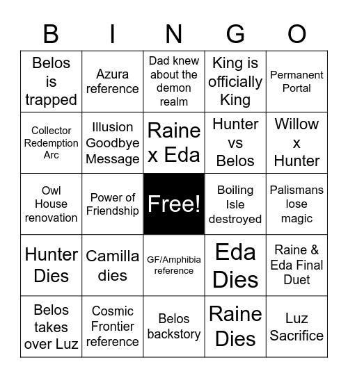 Watching and Dreaming Predictions Bingo Card