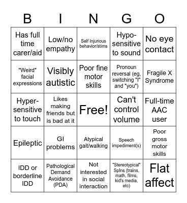 Autism Bingo Card