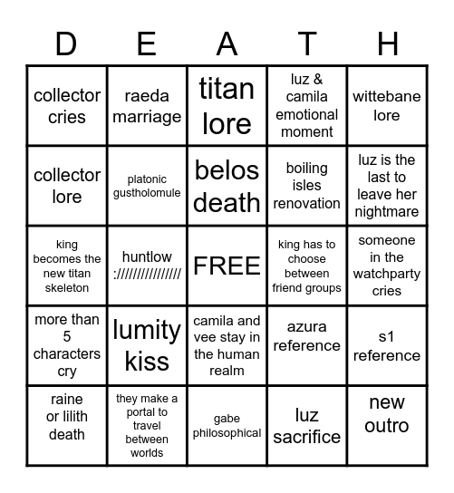 TOH S3E3 BINGO Card