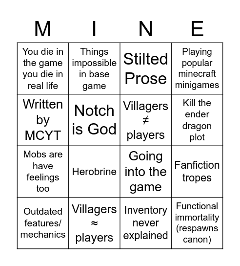 Published Minecraft Fanfiction Bingo Card