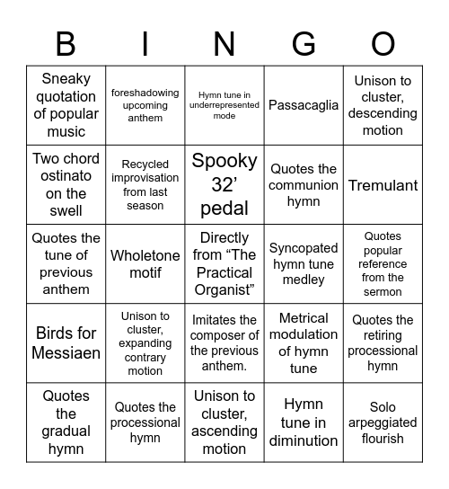 Liturgical Organ Improvisation Bingo Card