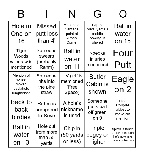 Masters Bingo 2023 Bingo Card