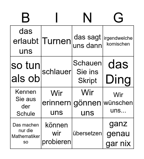 Mathe Bingo Card