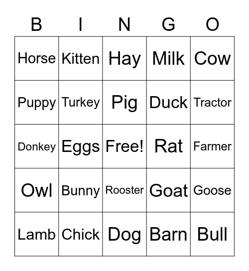 Farm Animals Bingo Card