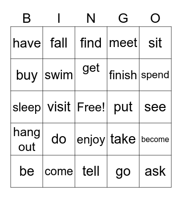 Irregular and Regular Verbs Bingo Card