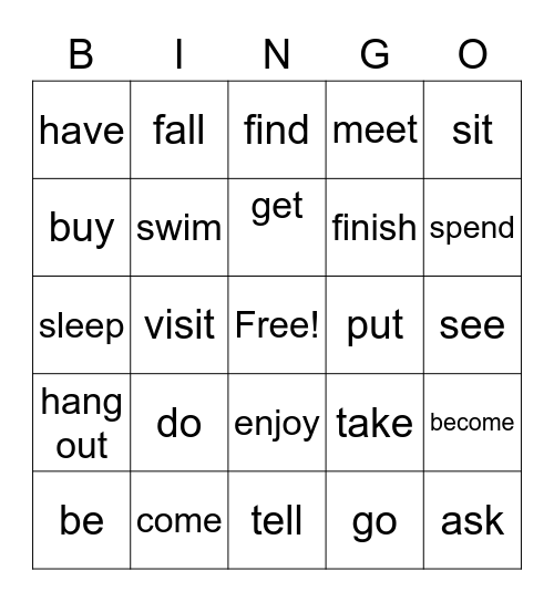 Irregular and Regular Verbs Bingo Card