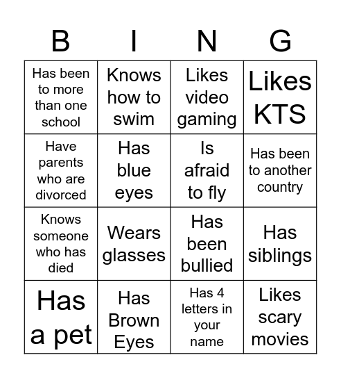 It's All About Me! Bingo Card