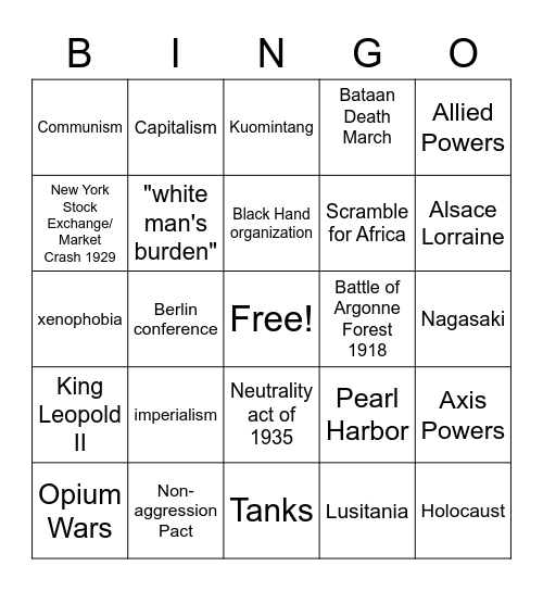 World History Units (9 & 10) Bingo Card