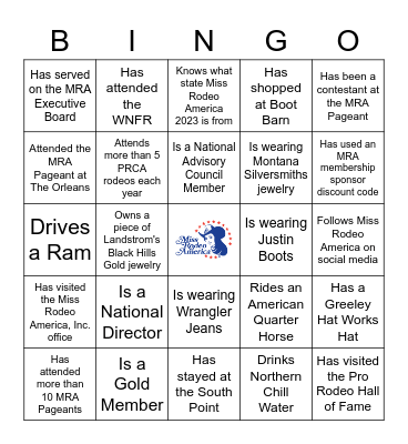 Miss Rodeo America Bingo Card
