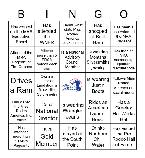 Miss Rodeo America Bingo Card