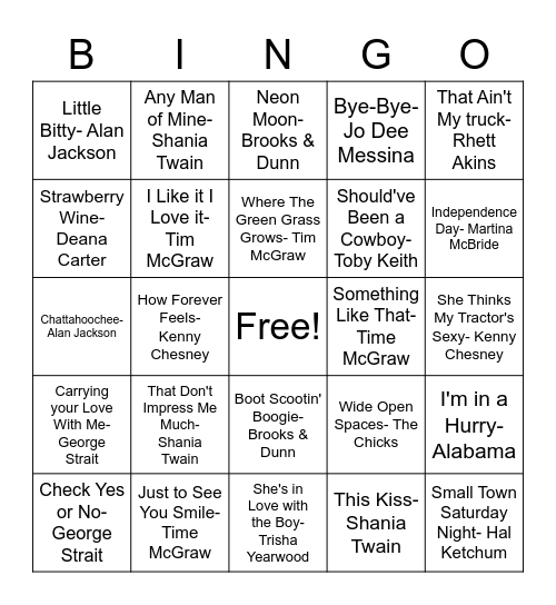 90s Country Bingo Card