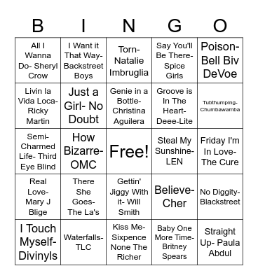 90s Pop Bingo Card