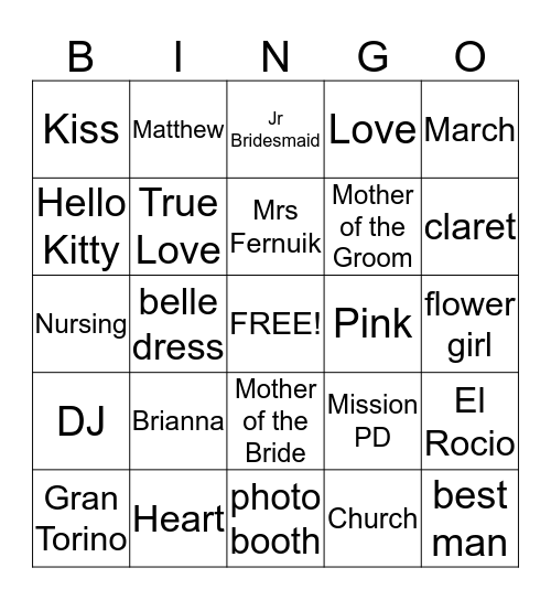 bridal shower bingo Card