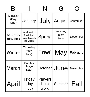 Weekday, Month, Season names eng Bingo Card