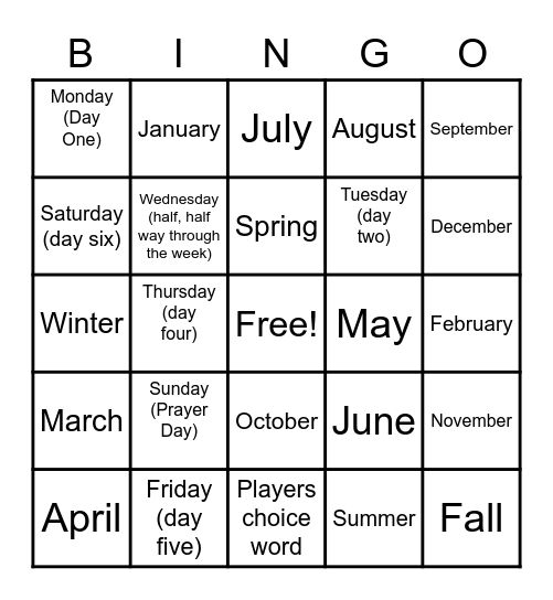 Weekday, Month, Season names eng Bingo Card