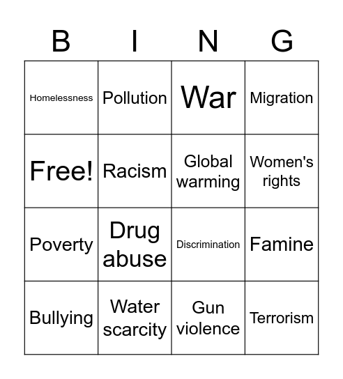 Social Issues Bingo Card