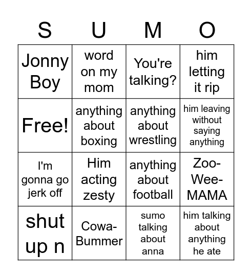 Sumo Phrases Bingo Card