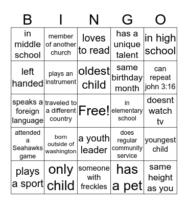Children's Church, January 3rd, 2016  Bingo Card