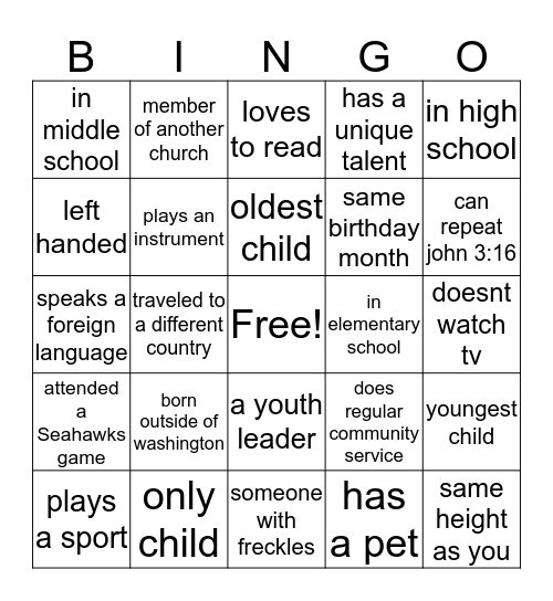 Children's Church, January 3rd, 2016  Bingo Card