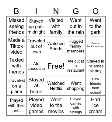 Welcome Back from Spring Break Bingo! Bingo Card
