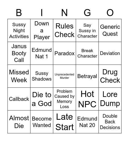 D&D Session Bingo Card