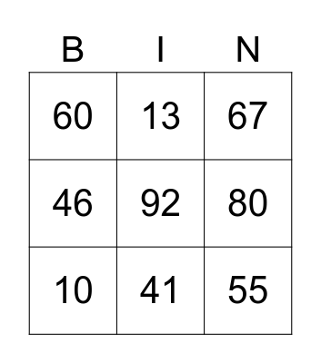 Number Bingo Card