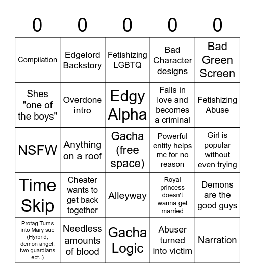 Gacha Stereotype Bingo Card