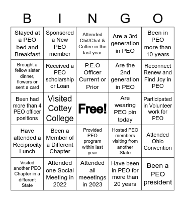 PEO Bingo Card