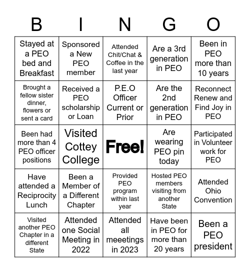 PEO Bingo Card