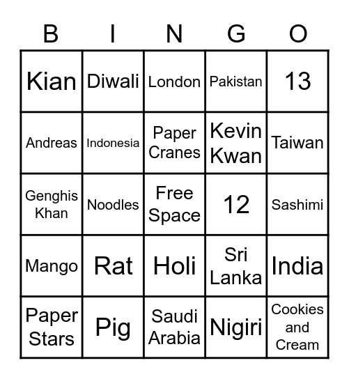 Asian Culture Club Bingo Card