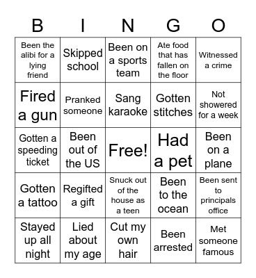 Never Have I Ever Bingo Card