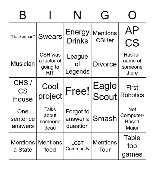 Selections Bingo Card
