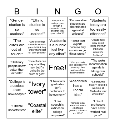 Anti-Intellectualism Bingo Card
