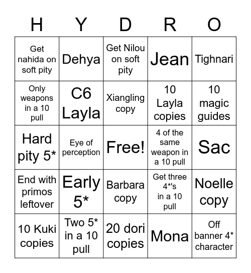 Nahida/Nilou Bingo Card