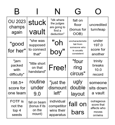 NCAA GYMNASTICS CHAMPS BINGO Card