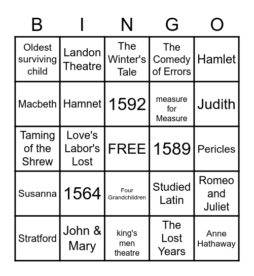 William Shakespeare's Bingo Card